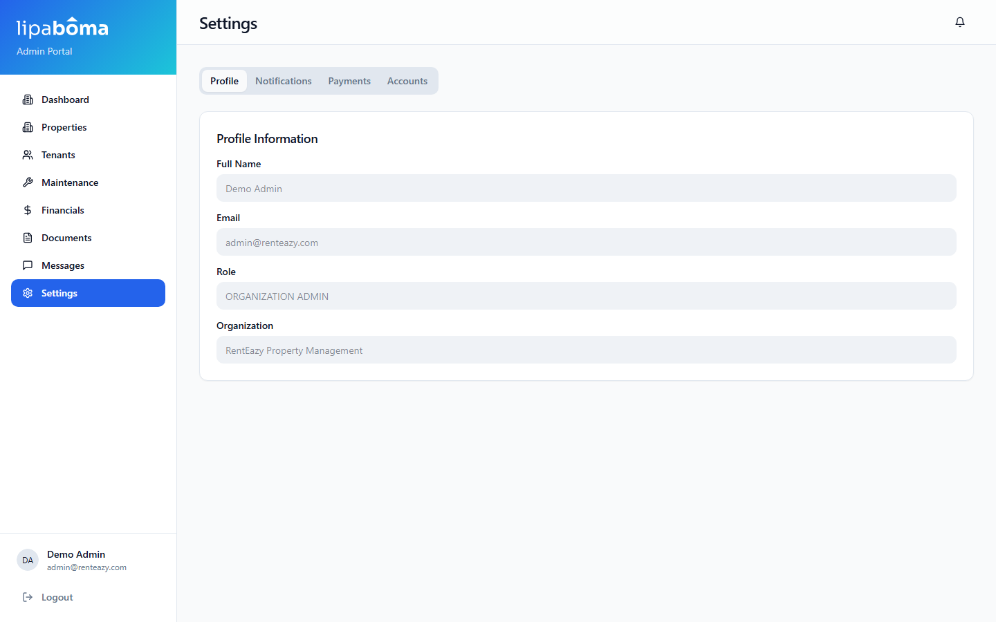 Lipaboma receipts and payments dashboard showing PDF receipts and financial reports