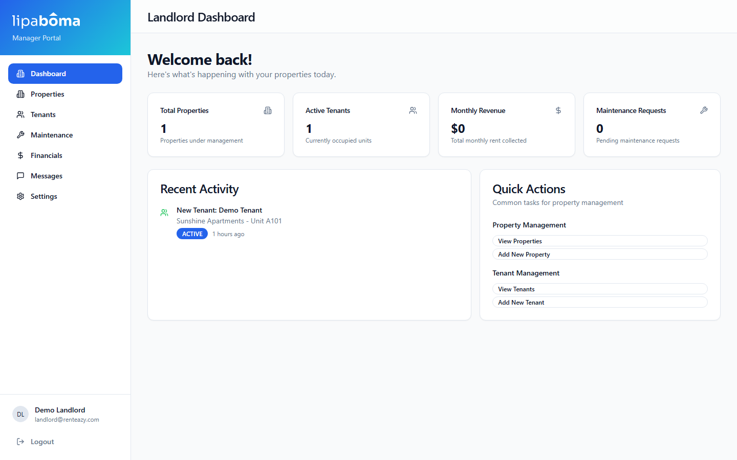 Lipaboma landlord dashboard showing properties, units, and tenant details