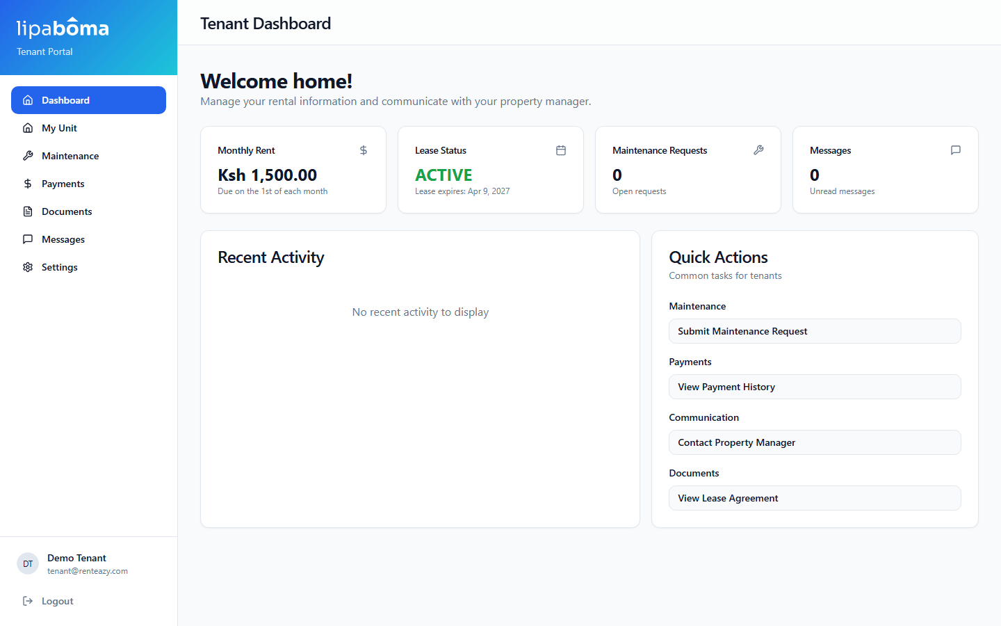 Lipaboma tenant portal showing payment history, receipts, and account details